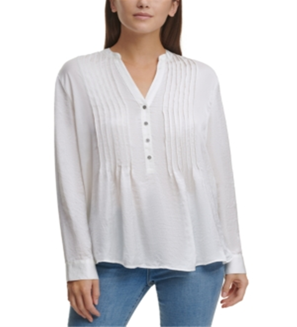 DKNY Women's Pleated Button Neck Top Ivory Size X-Large