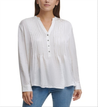 DKNY Women's Pleated Button Neck Top Ivory Size X-Large