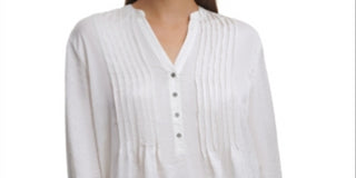 DKNY Women's Pleated Button Neck Top Ivory Size X-Large