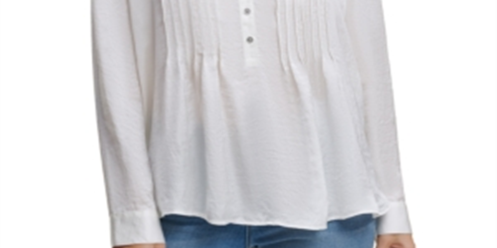 DKNY Women's Pleated Button Neck Top Ivory Size X-Large