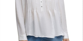 DKNY Women's Pleated Button Neck Top Ivory Size X-Large
