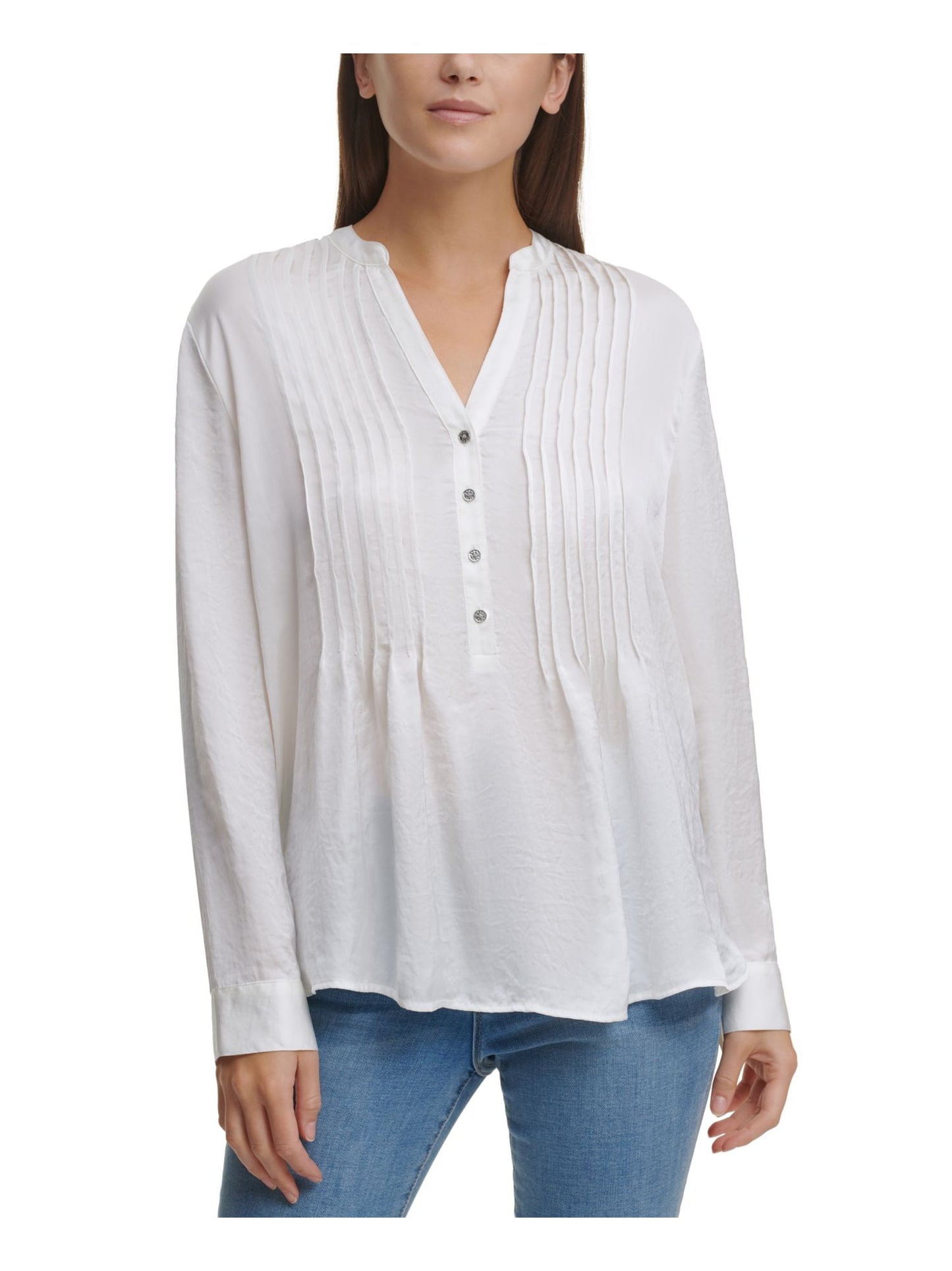 DKNY Women's Sheer Pleated Blouse White Size Large