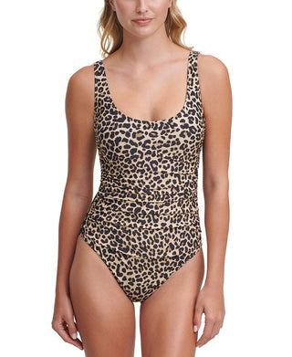 DKNY Women's Printed Scoop Neck One Piece Swimsuit Swimsuit Brown Size 16