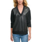 DKNY Women's Faux Leather Front Sweatshirt Black Size Medium