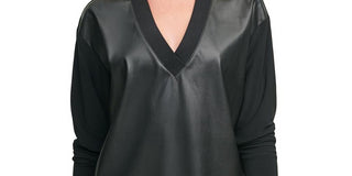 DKNY Women's Faux Leather Front Sweatshirt Black Size Medium