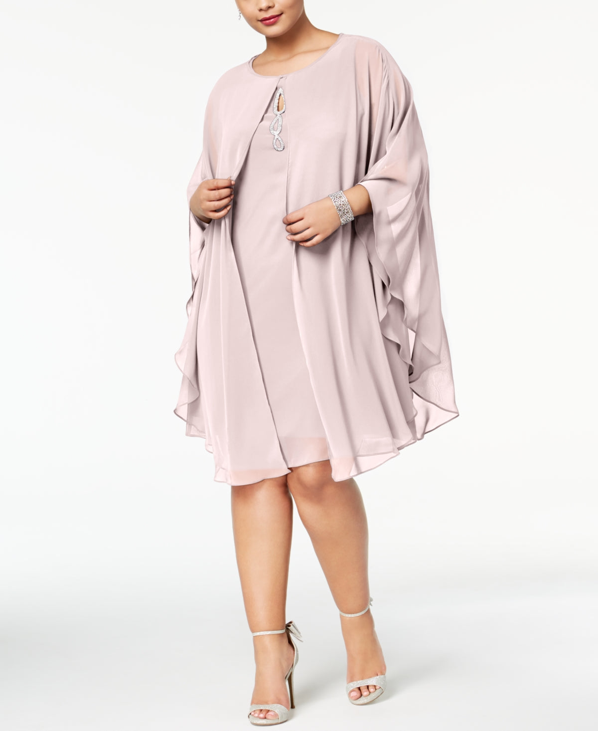 SL Fashions Women's Rhinestone Chiffon Dress & Capelet Pink Size 20W