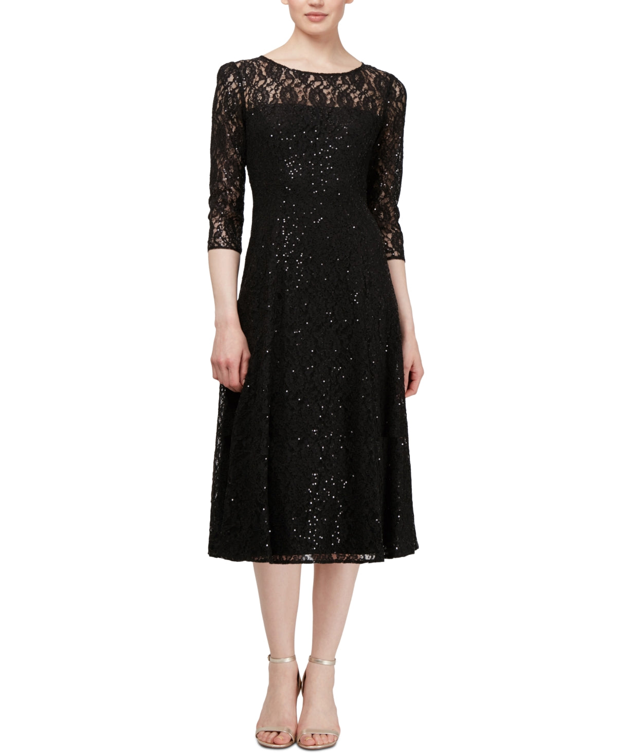 SL Fashions Women's 3/4 Sleeve Sequin Lace Dress Black Size 6