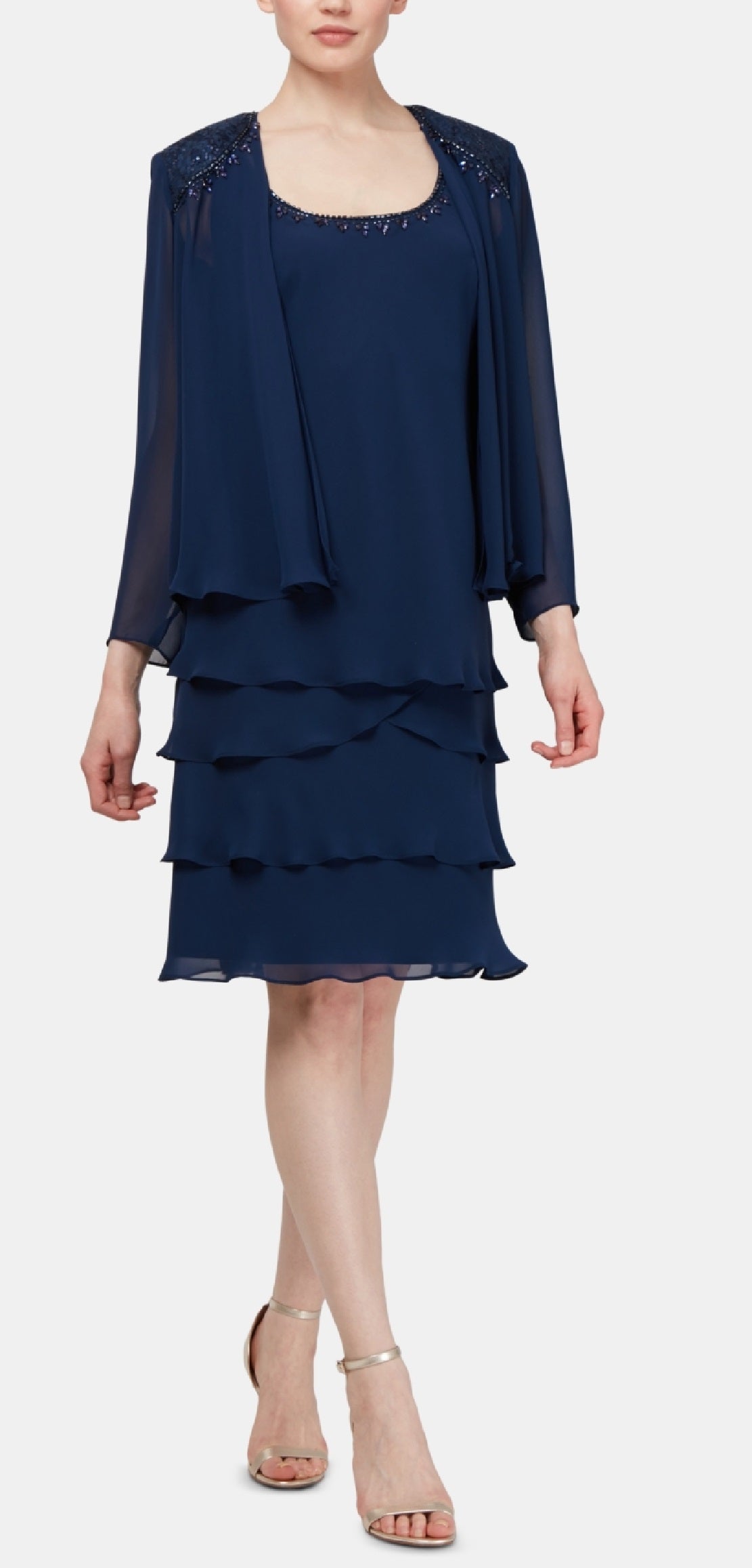 SL Fashions Women's Embellished Tiered Hem Dress & Jacket Blue Size 8