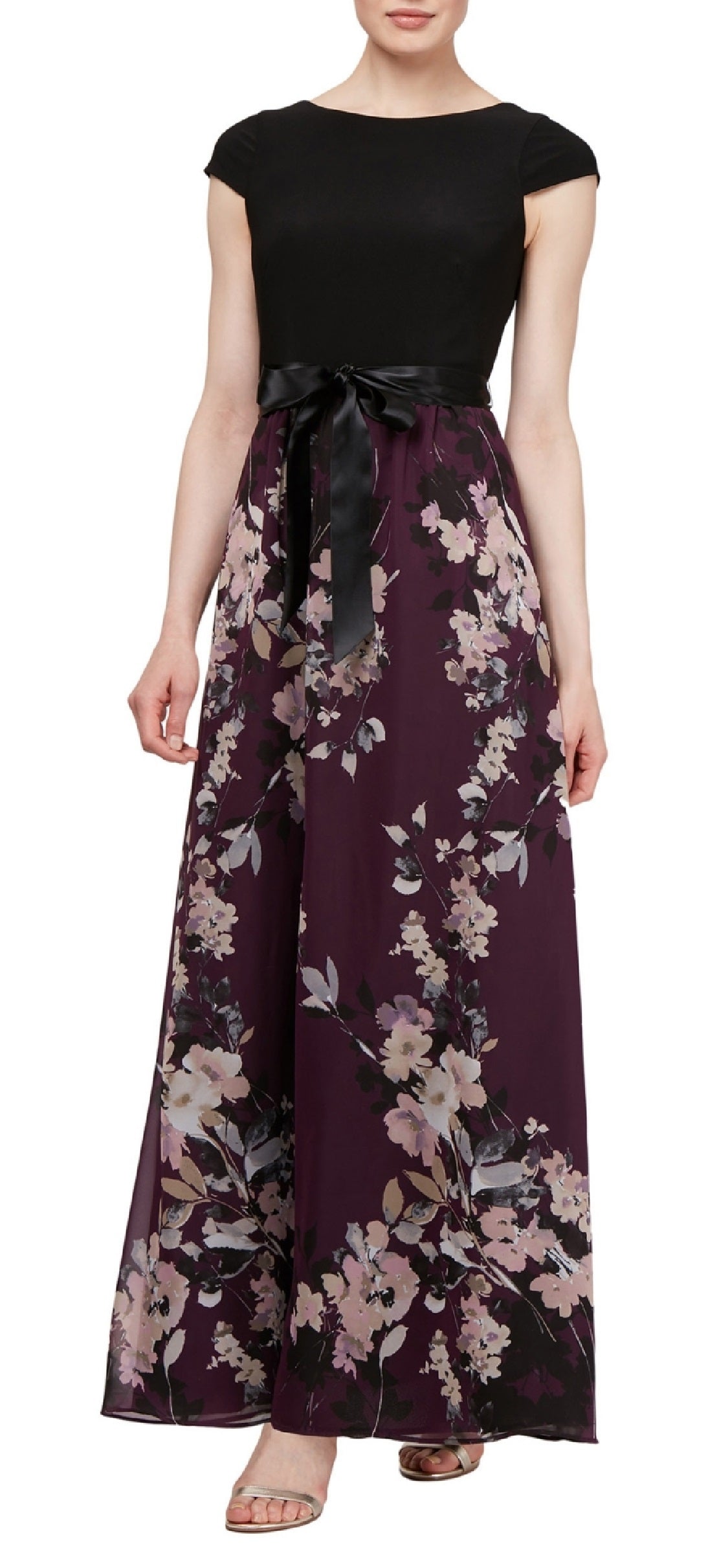 SL Fashions Women's Cap Sleeve Floral Skirt Gown Purple Size 8