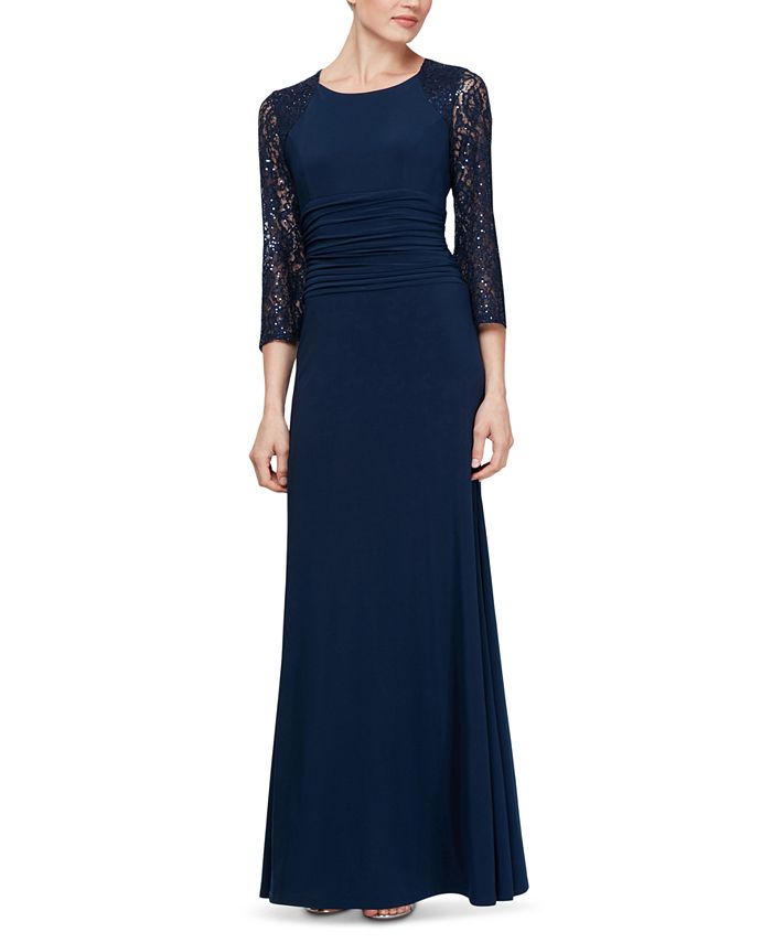 SL Fashions Women's Ruched Waist Lace Sleeve Gown Blue Size 18