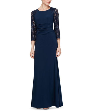 SL Fashions Women's Ruched Waist Lace Sleeve Gown Blue Size 18