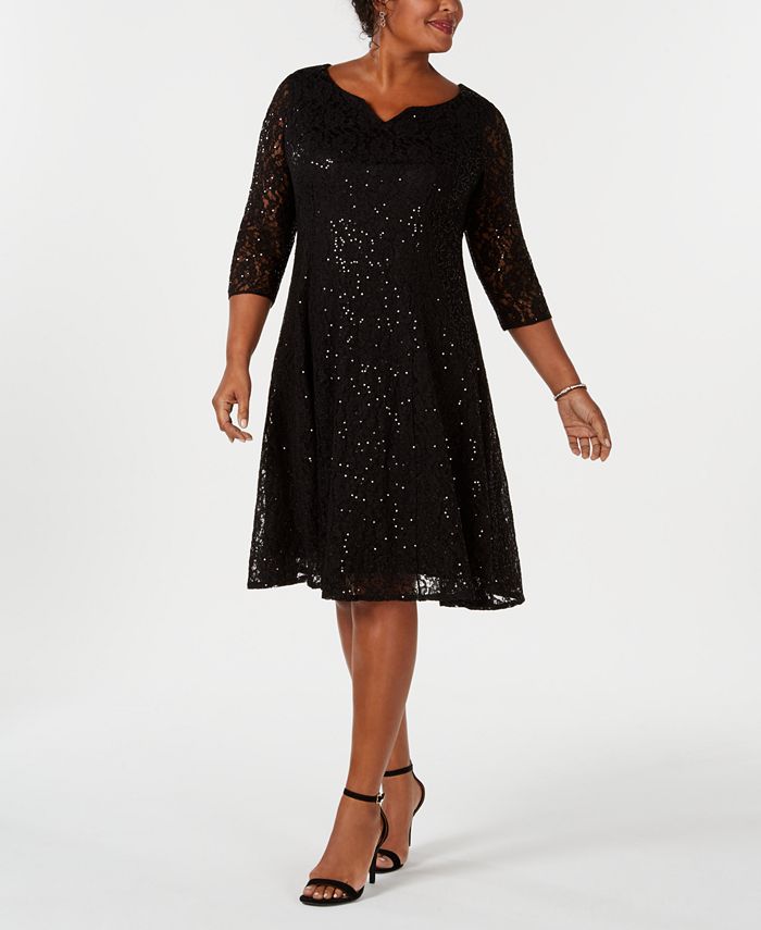 SL Fashions Women's Sequined Lace Dress Black Size 18W