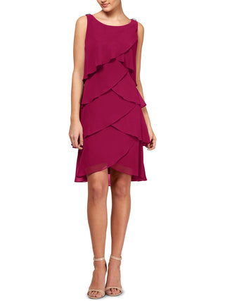 SL Fashions Women's Casual Raspberry Tiered Ruffle Chiffon Shift Dress Pink Size 16