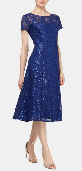 SL Fashions Women's Sequined Lace Midi Dress Blue Size 2