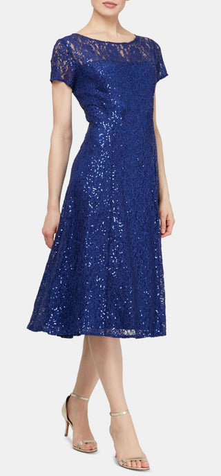 SL Fashions Women's Sequined Lace Midi Dress Blue Size 4