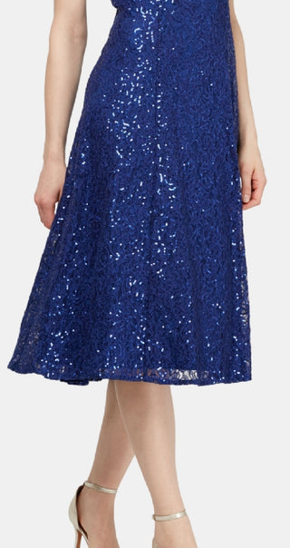 SL Fashions Women's Sequined Lace Midi Dress Blue Size 4