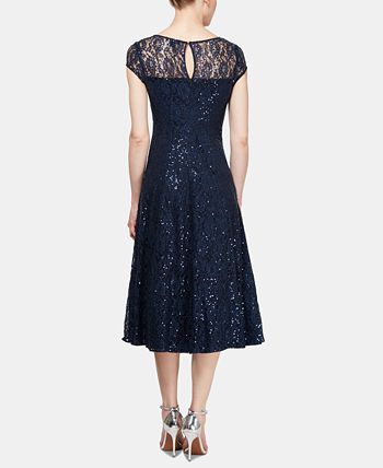 SL Fashions Women's Sequined Lace Midi Dress Blue Size 6