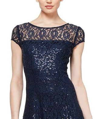 SL Fashions Women's Sequined Lace Midi Dress Blue Size 6