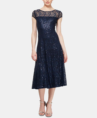 SL Fashions Women's Sequined Lace Midi Dress Blue Size 12