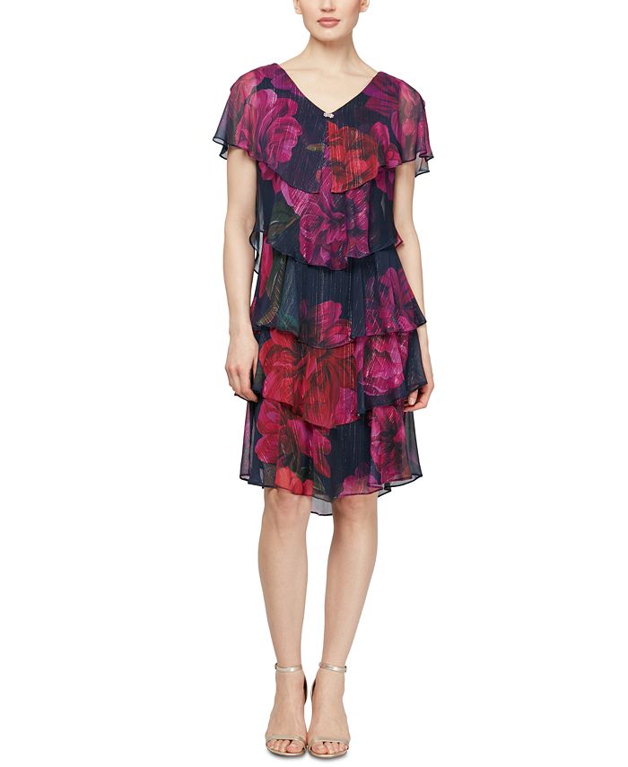 SL Fashions Women's Floral Sleeveless Boat Neck Knee Length Ruffled Dress Pink Size 6 Petite