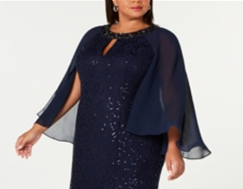 SL Fashions Women's Lace Capelet Gown Blue Size 18W