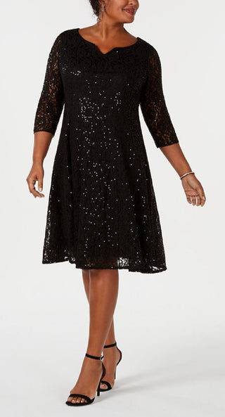 SL Fashions Women's Sequined Lace Dress Black Size 14W