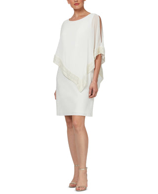 SL Fashions Women's Foil Trim Asymmetrical Popover Capelet Sheath Dress White Size 6