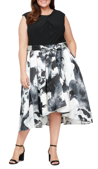 SL Fashions Women's Embellished Neck Floral Skirt Dress Black Size 16W