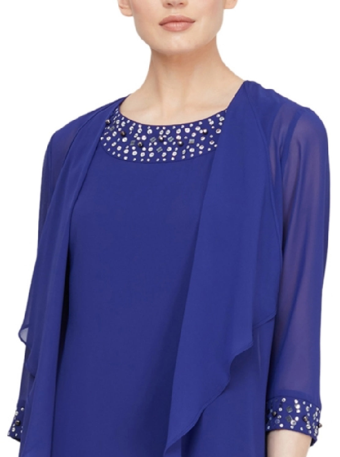 SL Fashions Women's Beaded Neck Sleeveless Sheath Dress With Jacket Blue Size 14