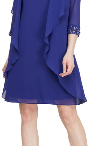 SL Fashions Women's Beaded Neck Sleeveless Sheath Dress With Jacket Blue Size 16