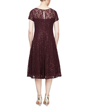 Sl Fashions Women's Sequined Lace Midi Dress Burgundy Size 14