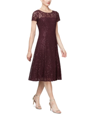 Sl Fashions Women's Sequined Lace Midi Dress Burgundy Size 14