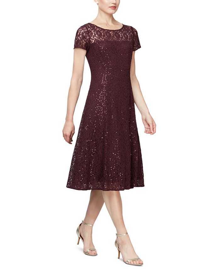 SL Fashions Women's Sequined Lace MIDI Dress Wine Size 16