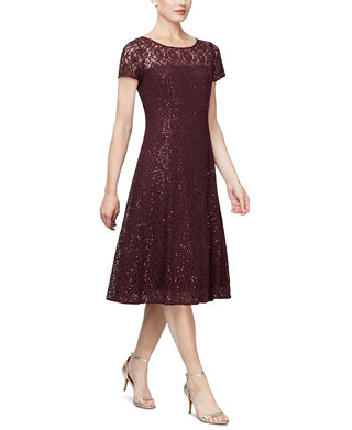 SL Fashions Women's Sequined Lace MIDI Dress Wine Size 16