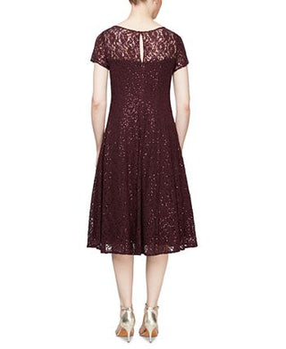 SL Fashions Women's Sequined Lace MIDI Dress Wine Size 16