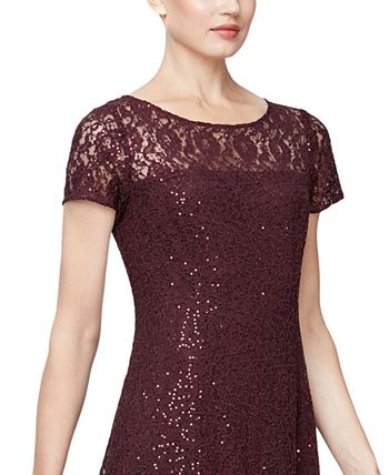 SL Fashions Women's Sequined Lace MIDI Dress Wine Size 16