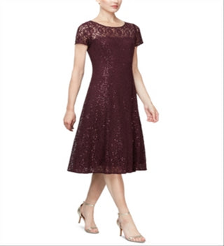 SL Fashions Women's Sequined Lace MIDI Dress Wine Size 16