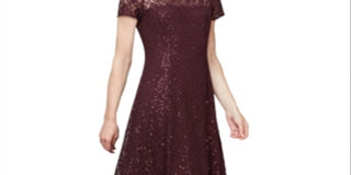 SL Fashions Women's Sequined Lace MIDI Dress Wine Size 16