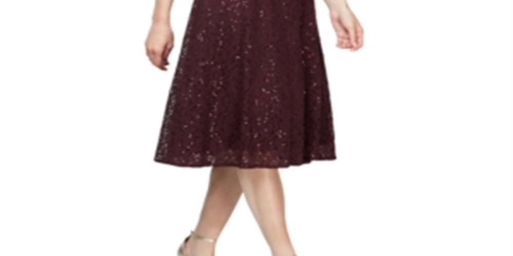 SL Fashions Women's Sequined Lace MIDI Dress Wine Size 16