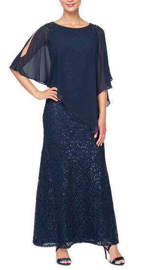 SL Fashions Women's Chiffon Popover Sequin Lace Gown Blue Size 16