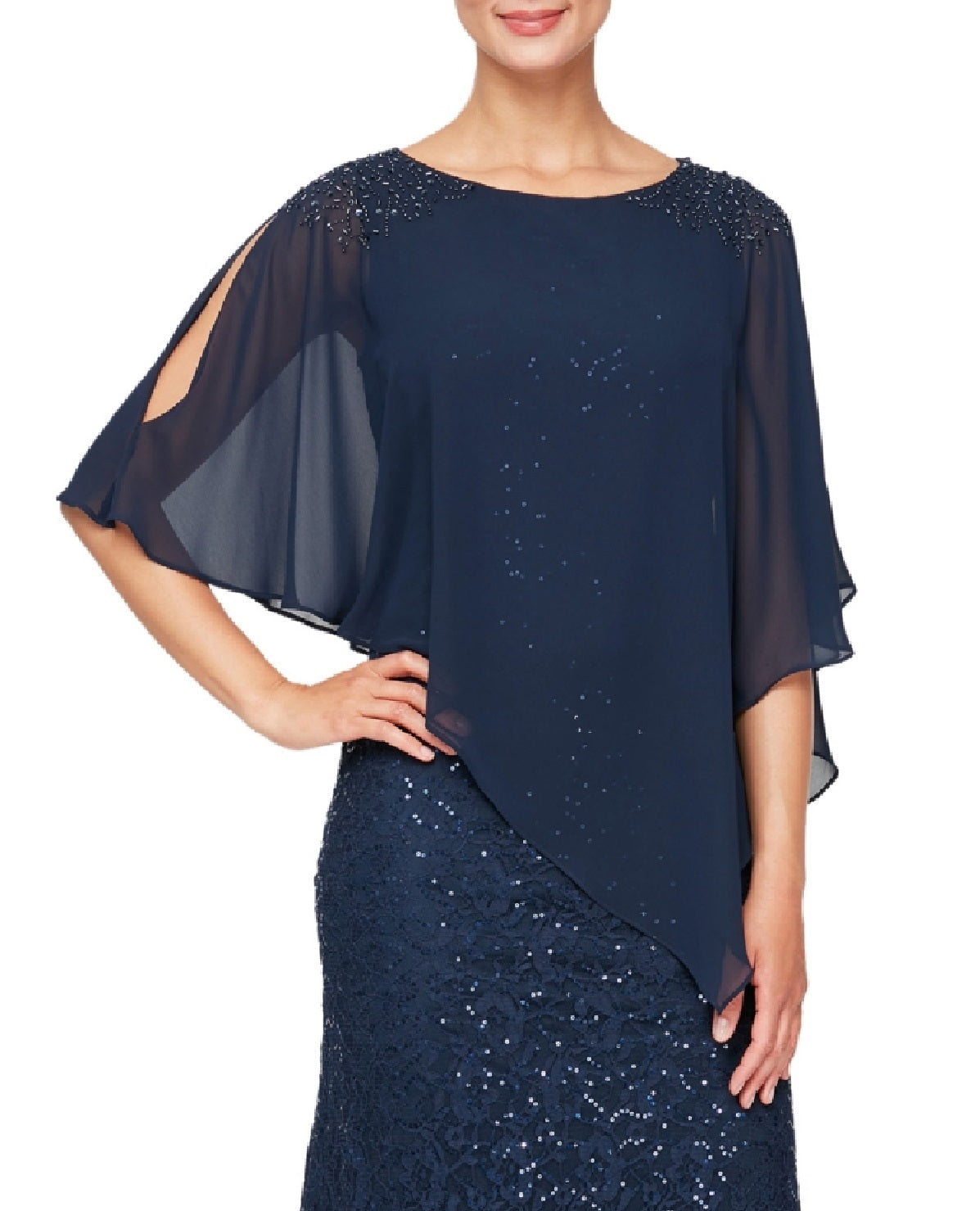 SL Fashions Women's Chiffon Popover Sequin Lace Gown Blue Size 16