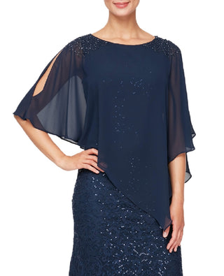 SL Fashions Women's Chiffon Popover Sequin Lace Gown Blue Size 16