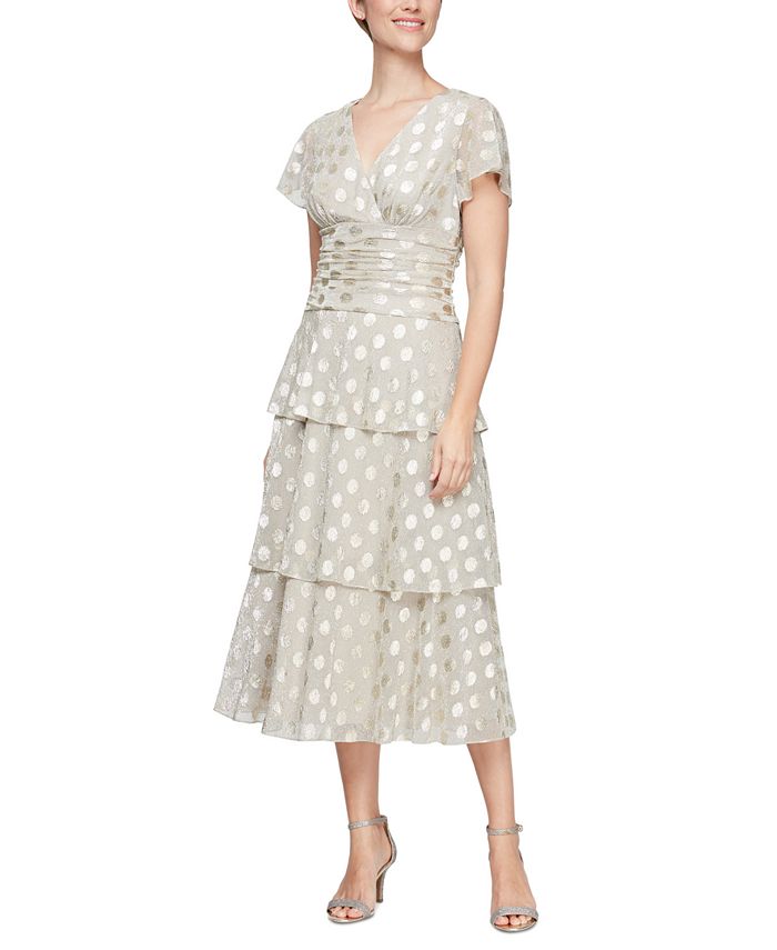 SL Fashions Women's Metallic Dotted Ruched Waist Dress Yellow Size 10