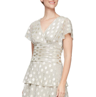 SL Fashions Women's Metallic Dotted Ruched Waist Dress Brown Size 12