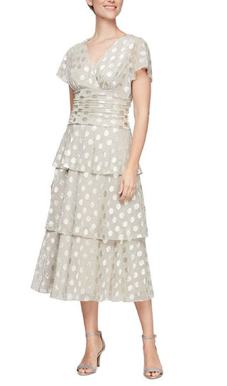 SL Fashions Women's Metallic Dotted Ruched Waist Dress Brown Size 14