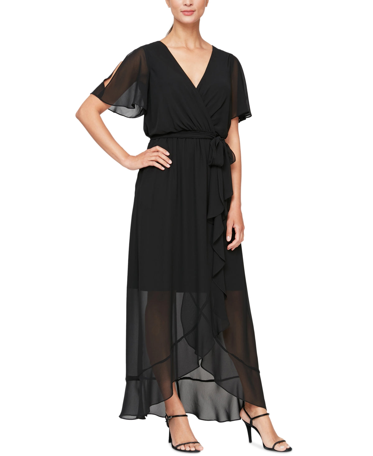 SL Fashions Women's Ruffled Wrap Dress Black Size 14