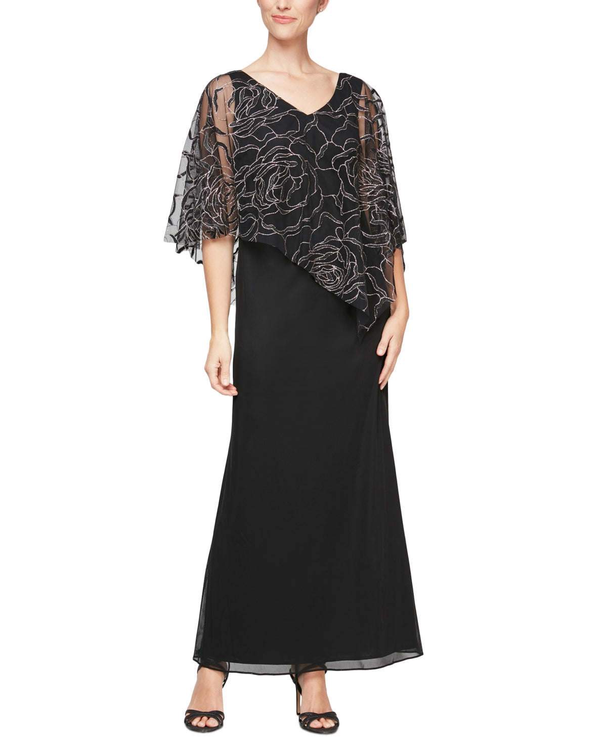 SL Fashions Women's Popover V Neck Glitter Floral With Asymetric Cape Black Size 6