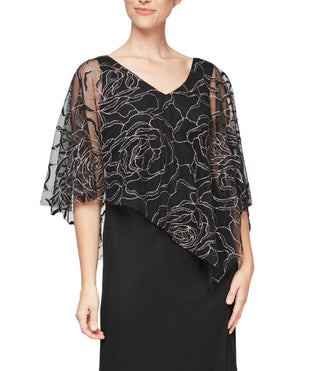 SL Fashions Women's Popover V Neck Glitter Floral With Asymetric Cape Black Size 6