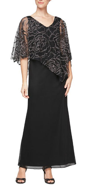 SL Fashions Women's Floral Glitter Popover V Neck Gown Black Size 8