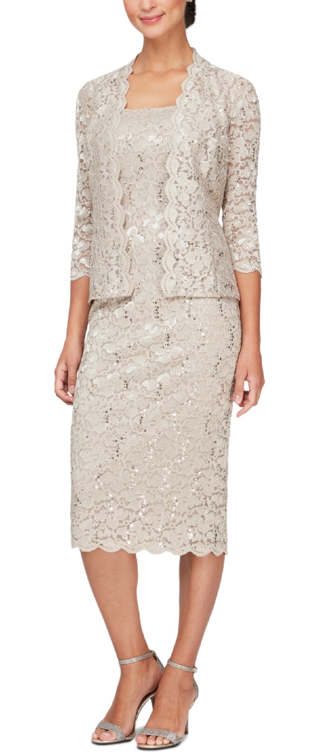 SL Fashions Women's 2 Pc Lace Jacket & Midi Dress Set Brown Size 14 Petite